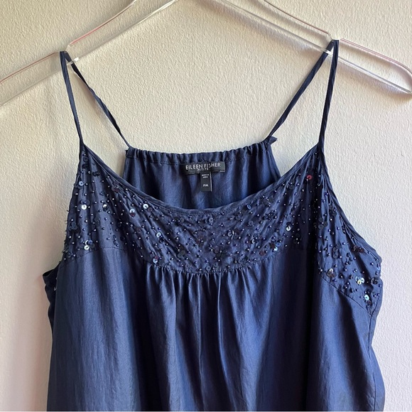 Eileen Fisher 100% Silk Navy Blue Sequin Dress Size M Petite Strappy Knee Length - Picture 4 of 7